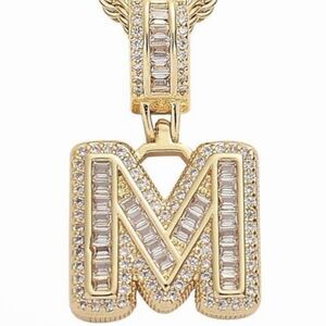 Letter "M" Iced Out Initial Pendant Gold Plated Necklace w/ CZ Rhinestones